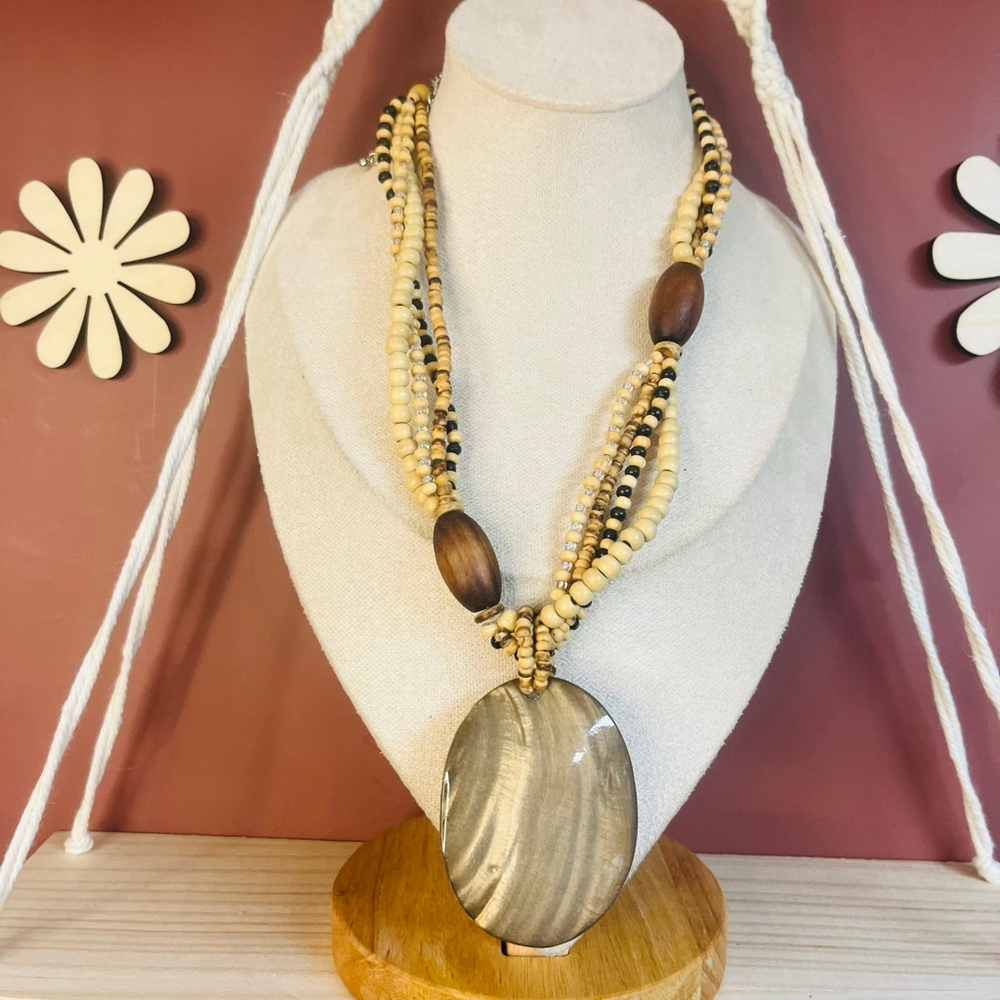 Natural Stone Beaded Necklace with Polished Shell Pendant | Boho Earthy Eclectic